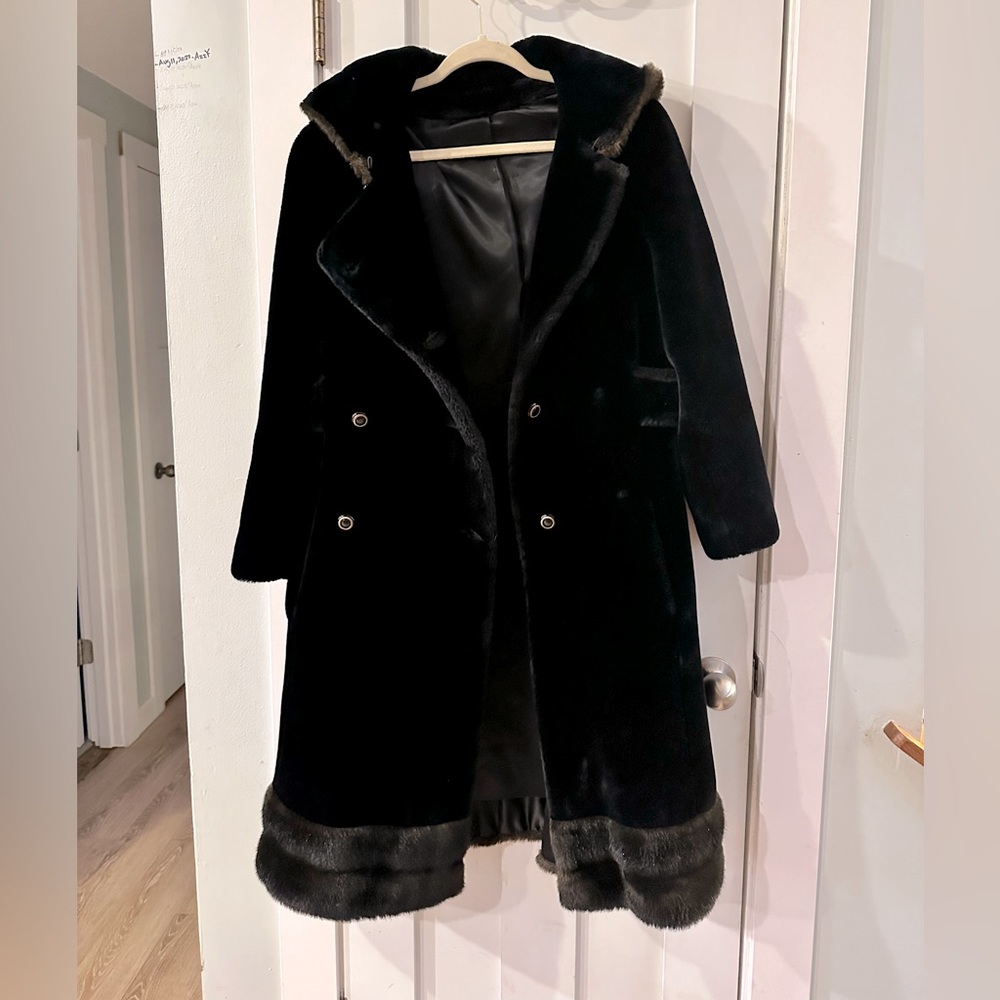 Faux fur black knee length coat. Size S/M